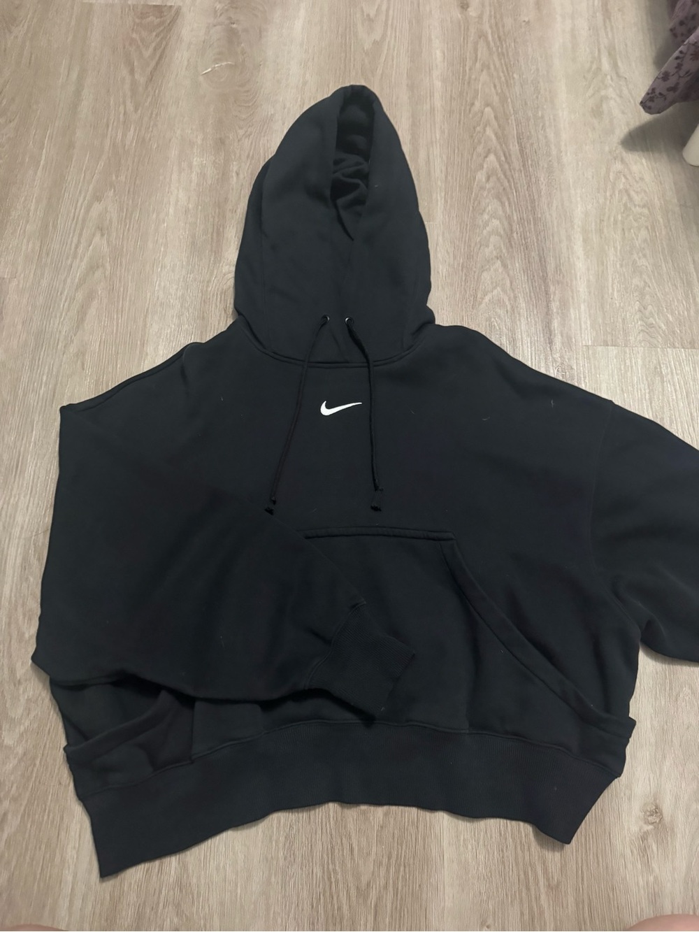 Nike Black Hoodie with White Swoosh and Drawstrings